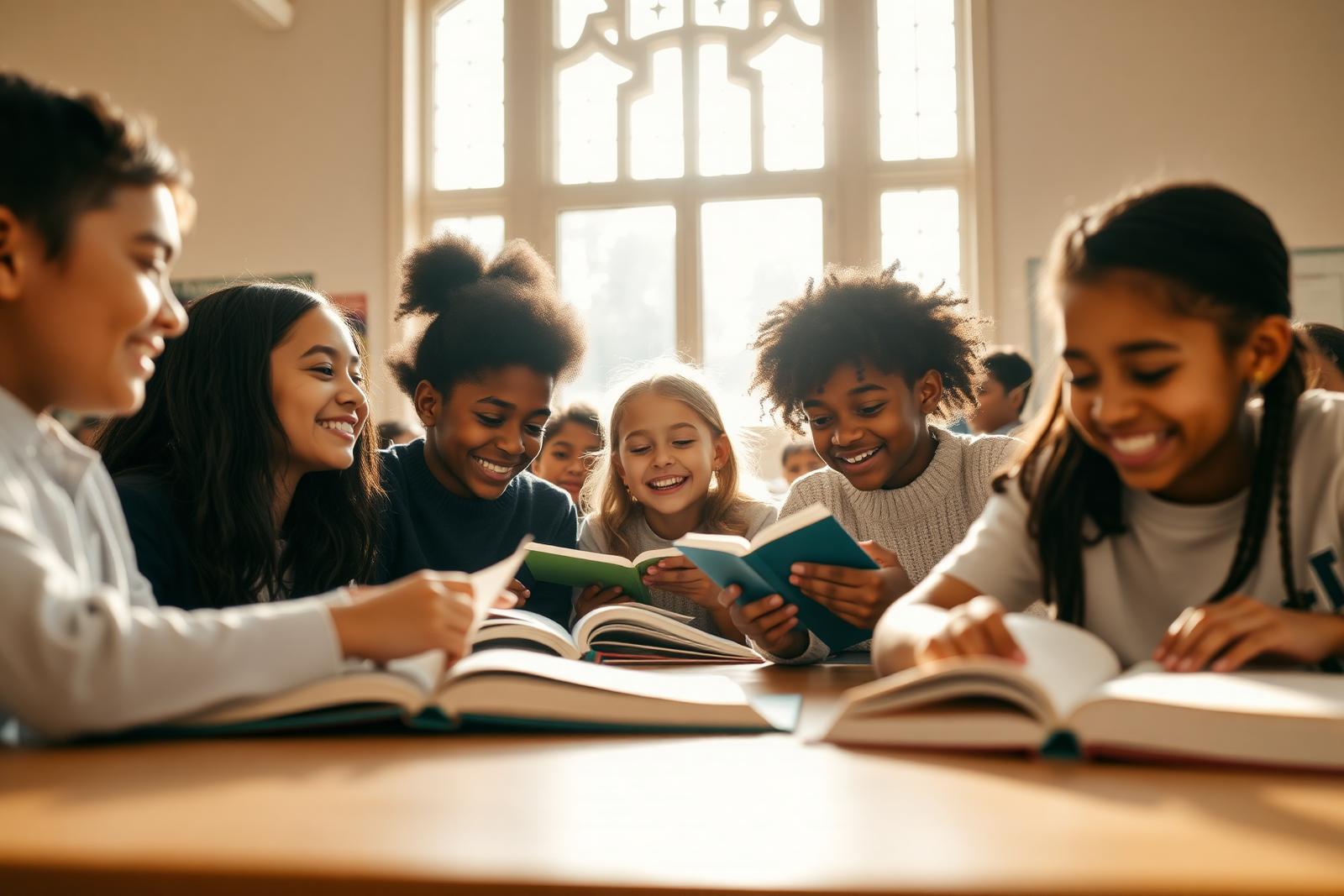 Catholic school students reading and studying together in a classroom